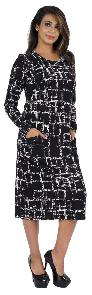 Bimba Printed Long Bodycon Dress With Pockets For Women Full Sleeves Dress Midi
