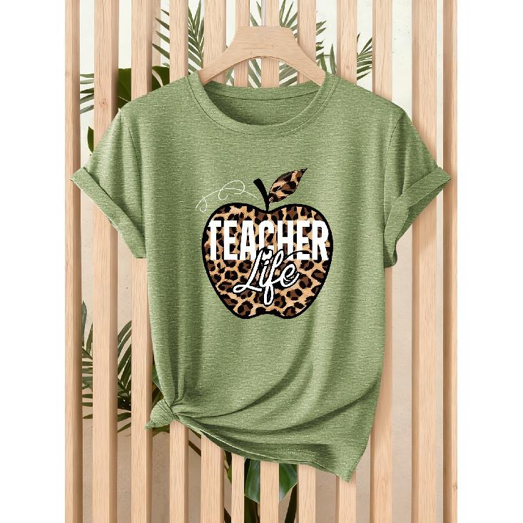 Leopard print Apple teacher life print for women T Shirt 2026 Spring and summer fashion short sleeves Casual loose-fitting slimming top for daily