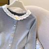 Spring & Autumn Patchwork Ruffle Slimming Cardigan with Colorful Buttons - Women's Long Sleeve Base Top