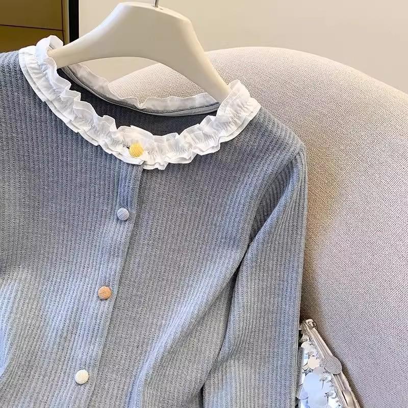 Spring & Autumn Patchwork Ruffle Slimming Cardigan with Colorful Buttons - Women's Long Sleeve Base Top