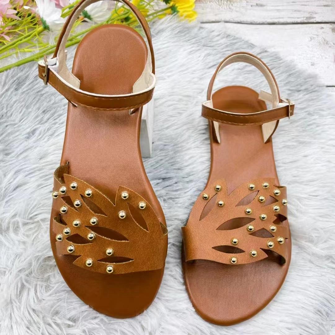 

2024 Весна Лето Большие Размеры Дышащие Плоские Сандалии Мягкие Удобные Пляжные Сандалии Твердые Заклепки Женские Туфли Sandalias 43