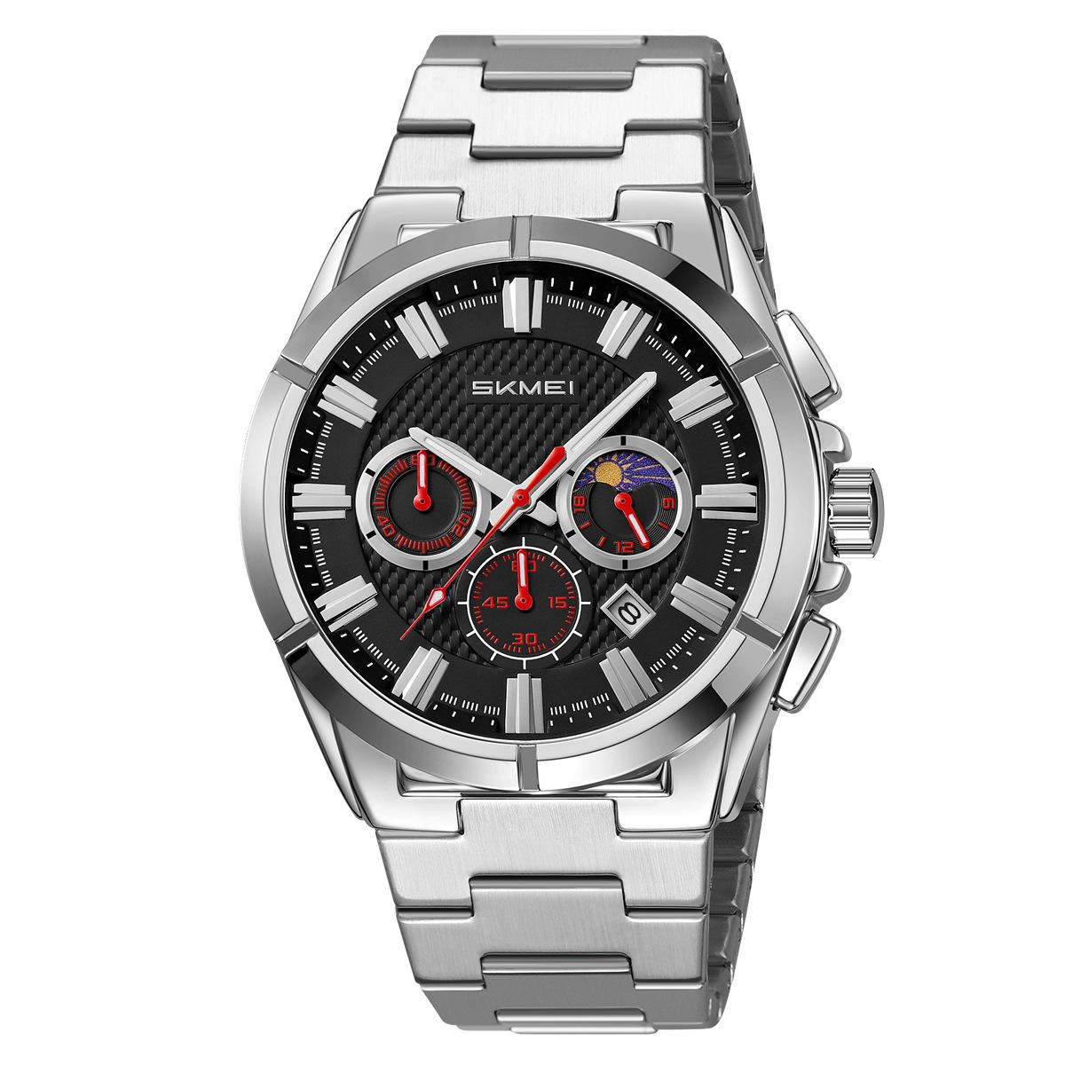 

Skmei Модные многофункциональные кварцевые часы для мужчин, календарь, люминесцентные, роскошные, ремешок из нержавеющей стали, мужские часы серебряный/чёрный