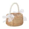 Handmade Storage Rack Woven Flower Baskets Rattan Storage Basket Flower Girl with Pearl Hand Basket for Home Wedding Decoration
