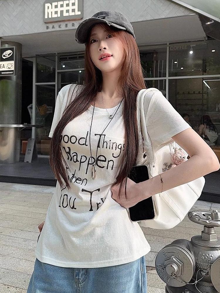 American Sweet and Spicy Letter Printed Crew Neck T-Shirt Women's Summer Waist Skinny Versatile Short Sleeve Bottom Shirt Top