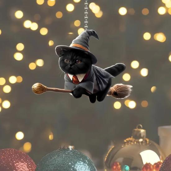 Cat Car Rearview Mirror Charm 2D Flat Acrylic Pendant Eye-Catching Christmas Tree Hanging Ornament Car Interior Decor for Home Window Bag