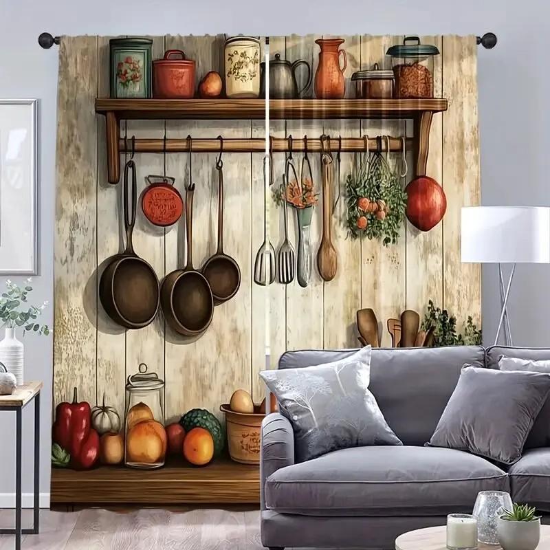 2pcs Rustic Kitchen Utensil Curtains   Design Drapes for Window  Home Decor   Rod Pocket Curtains