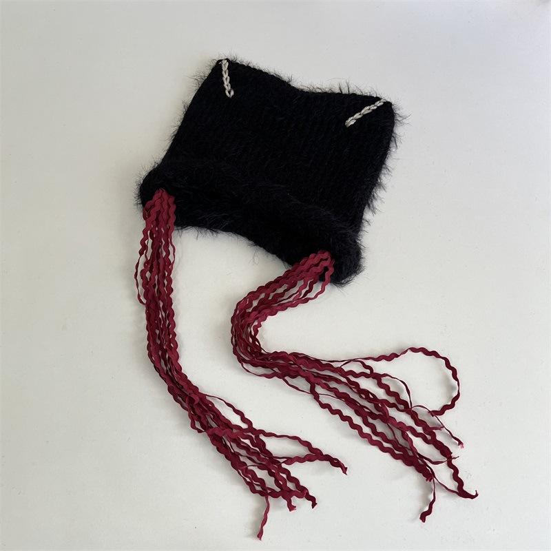 Niche plush cat ear ribbon wool hat women s autumn and winter new warm fringed knitted hat versatile ear protection hat M（56-58cm）