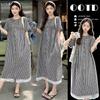 2026 Summer Lace Patchwork Retro Plaid Maternity Dress - Loose Fit, Plus Size