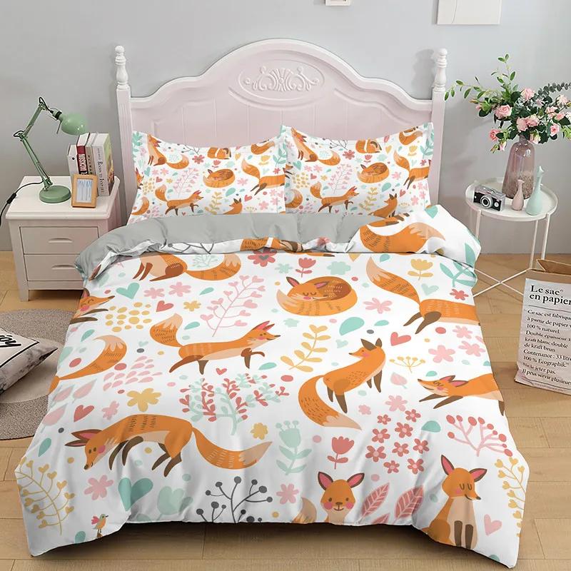 Cartoon Fox King Queen Duvet Cover Lovely Orange Animal Floral Bedding Set Kids Girls Flowers Plant 2/3pcs Polyester Quilt Cover