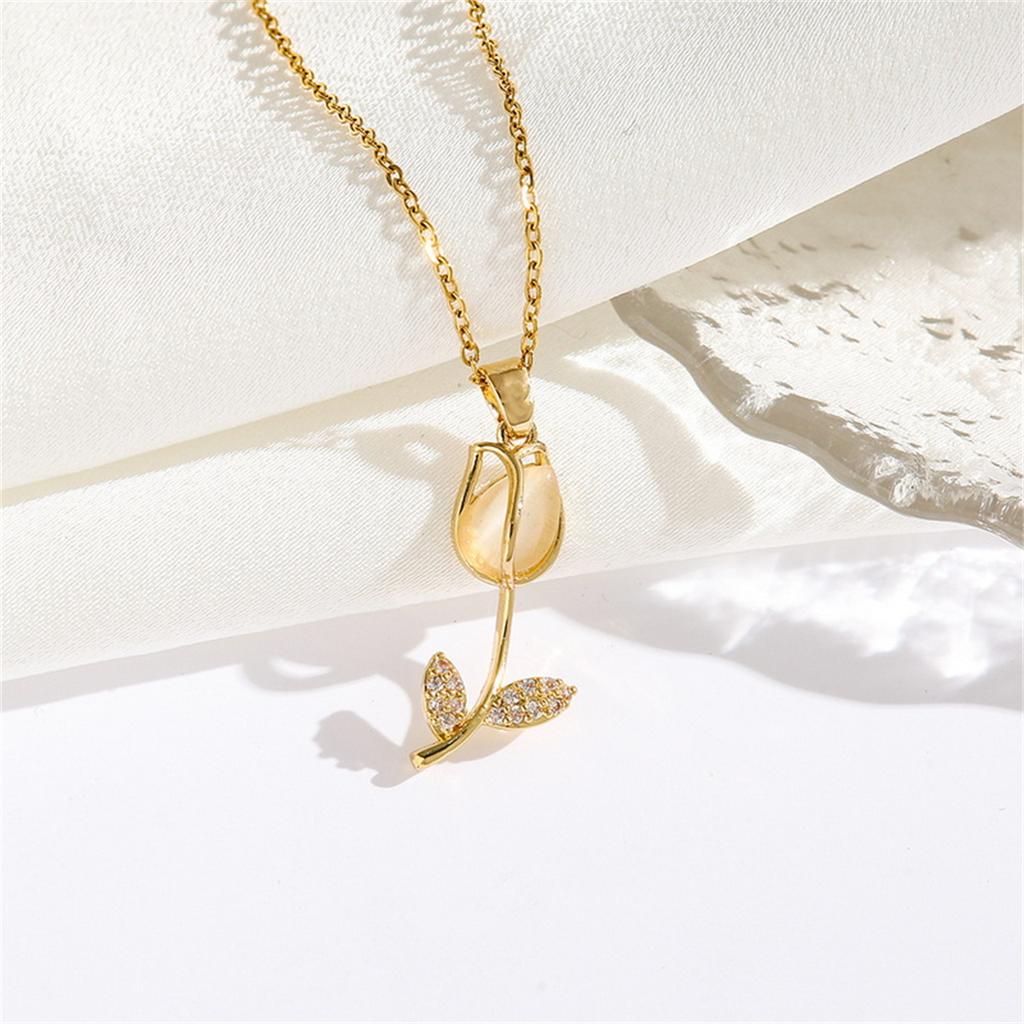 Elegant Stainless Steel Opal Tulip Flower Pendant Necklace For Women Delicate Rose Floral Clavicle Chain Choker Wedding Jewelry