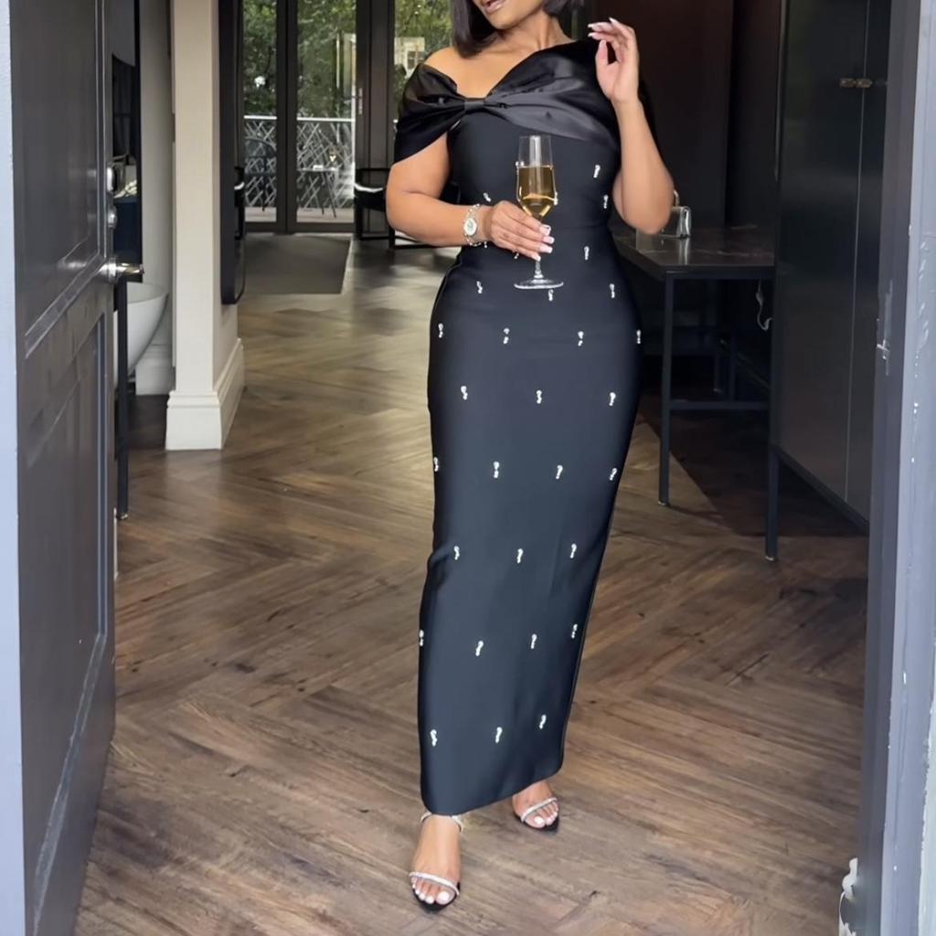 European & American Off-Shoulder Luxury Studded Bandage Evening Dress