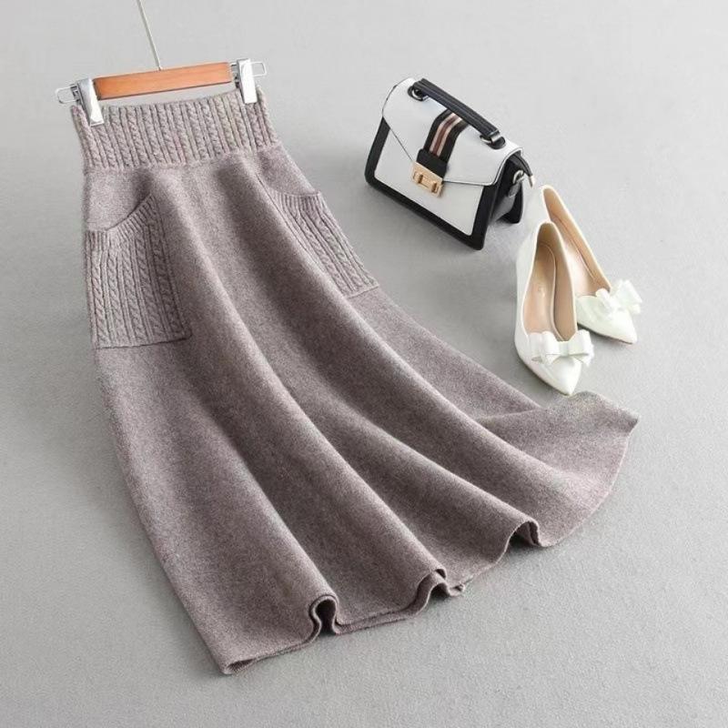 2025 Women Fall Winter Skirt Knitted Elastic High Waist Thick Soft Warm Stretchy Solid Color Loose Big Swing