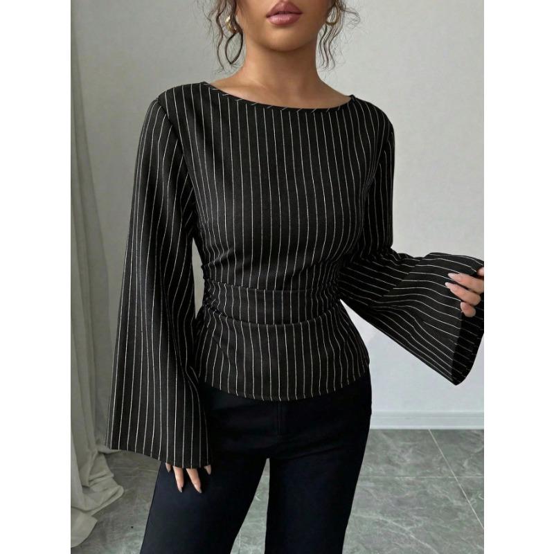 Women S Autumn Striped Flared Sleeve Round Neck Casual Shirt