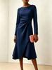 European and American Women's Clothing New Long-sleeved Solid Color Round Neck Dress Medium and Long Dress Women
