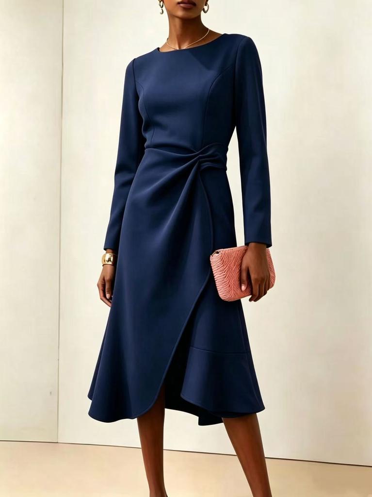 European and American Women's Clothing New Long-sleeved Solid Color Round Neck Dress Medium and Long Dress Women