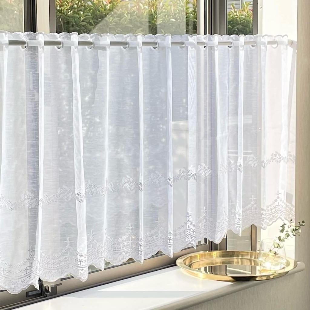 INTERIX Verbena White Cafe Curtain for Small Embroidered 165cm Wide x 45cm Made in Windows, Lace, Long, Japan, CF1-165-45
