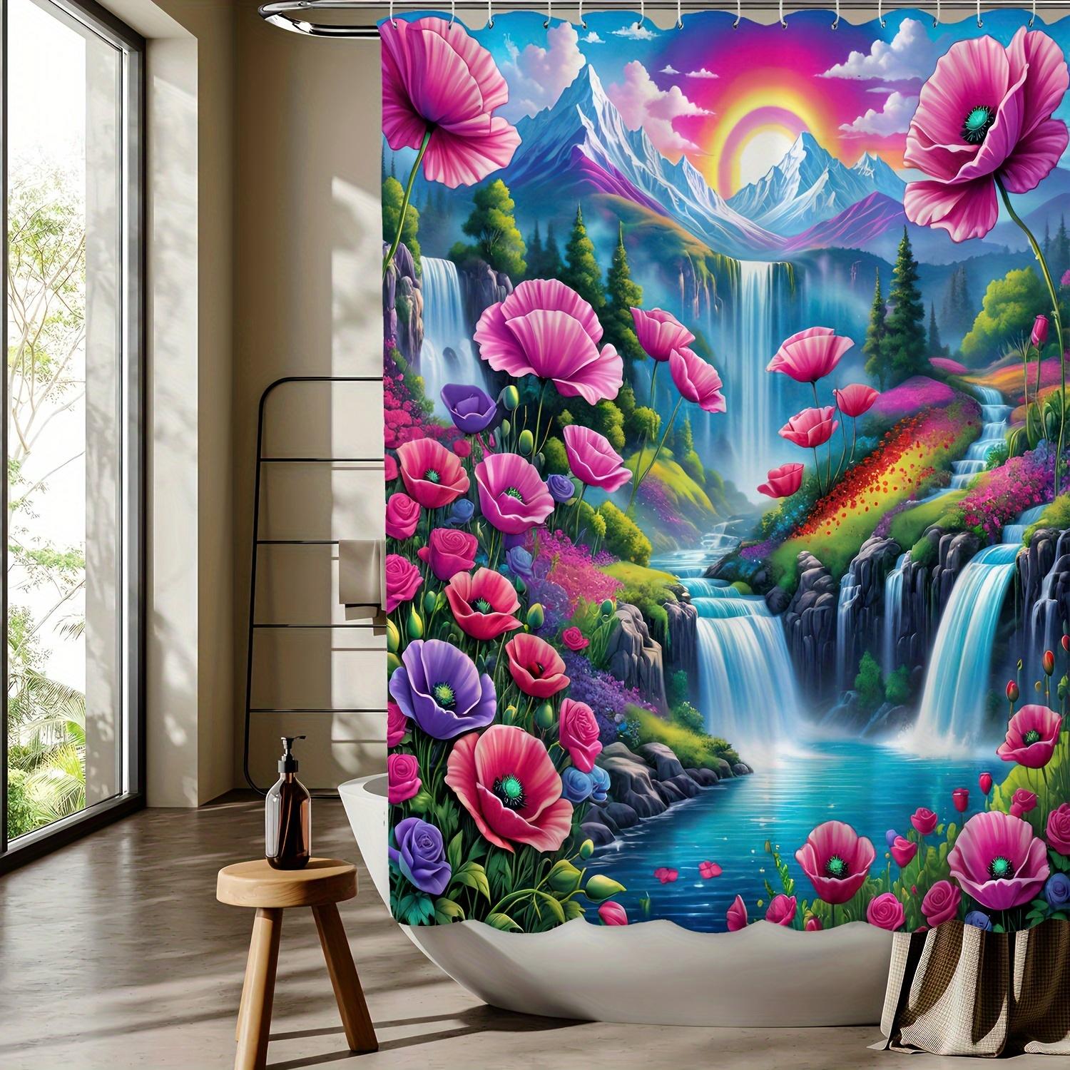 

Floral Mountain Water Scenery Digital Print Shower Curtain, Machine Washable, Reversible All-Season Polyester Bathroom Decor W60H190(CM)-1 Pcs