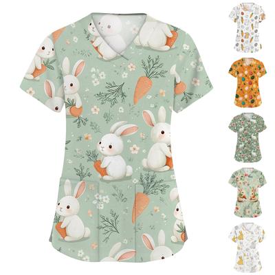 Women's Fashion V-neck Short Sleeve Workwear With Pockets Printed Tops