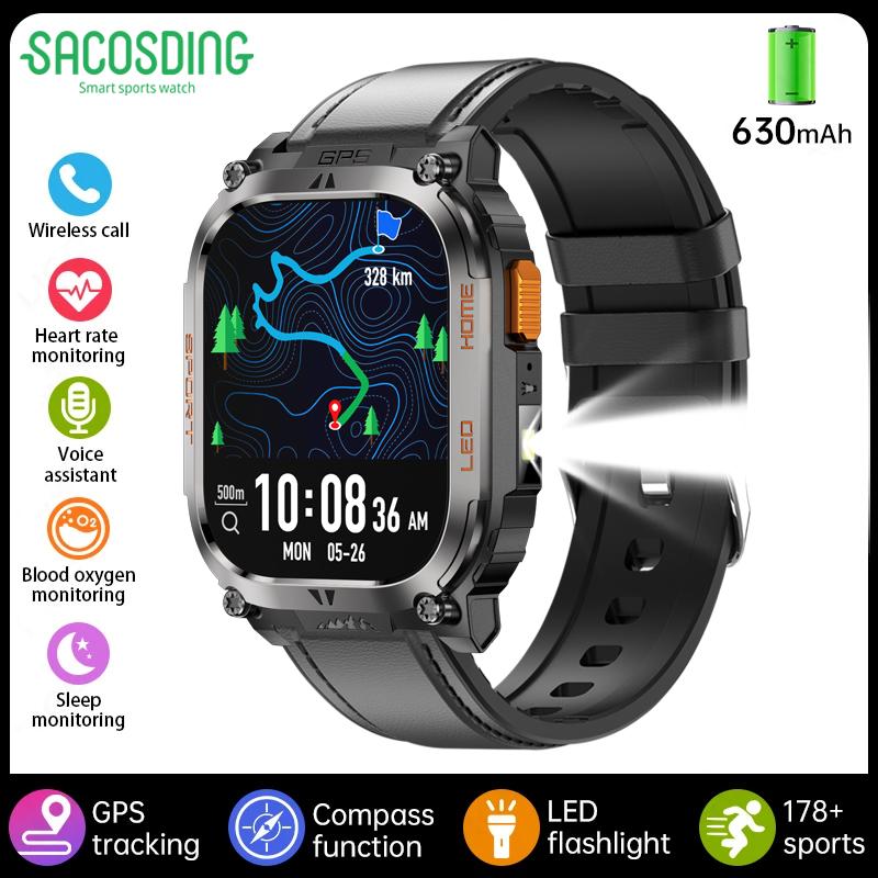 SACOSDING GPS Tracker Smart Watch IP68 Waterproof 2.01-inch HD Display Compass 630mAh Battery Heart Rate BT Call Outdoor Sport Smart Watch