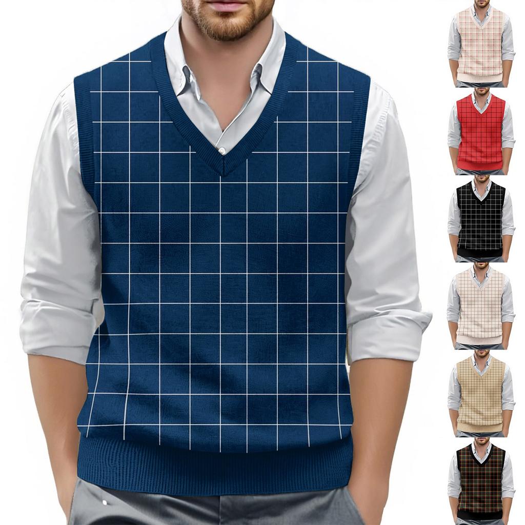 Men's Plaid Printed Sleeveless V-neck Vest Knit Jumper