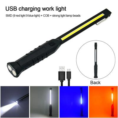 Langer Streifen USB Wiederaufladbare COB Arbeitsleuchte Rot+Blau Blinkend Magnetische Inspektionslampe Notfall Campinglicht mit Haken
