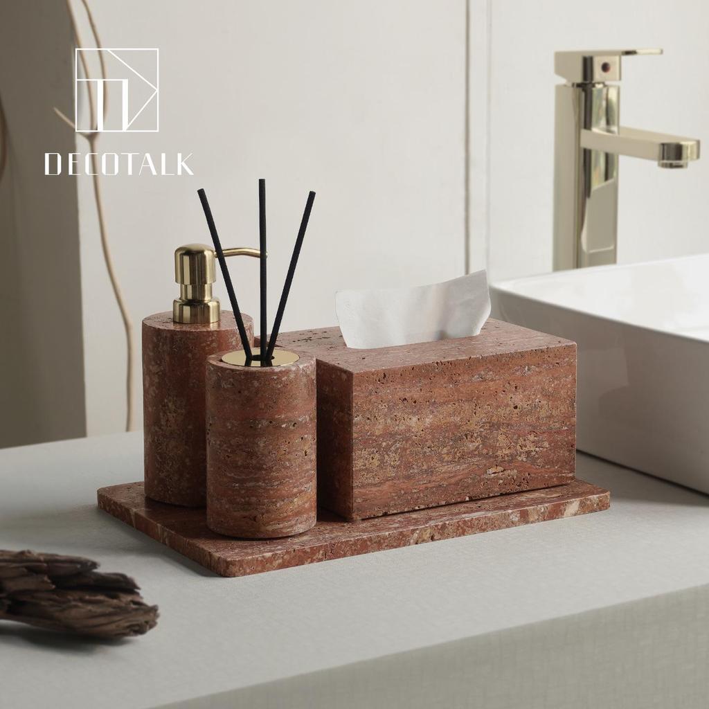 DecoTalk Wabi-sabi Red Travertine Bathroom Washbasin Set with Aromatherapy Tissue Box Tray