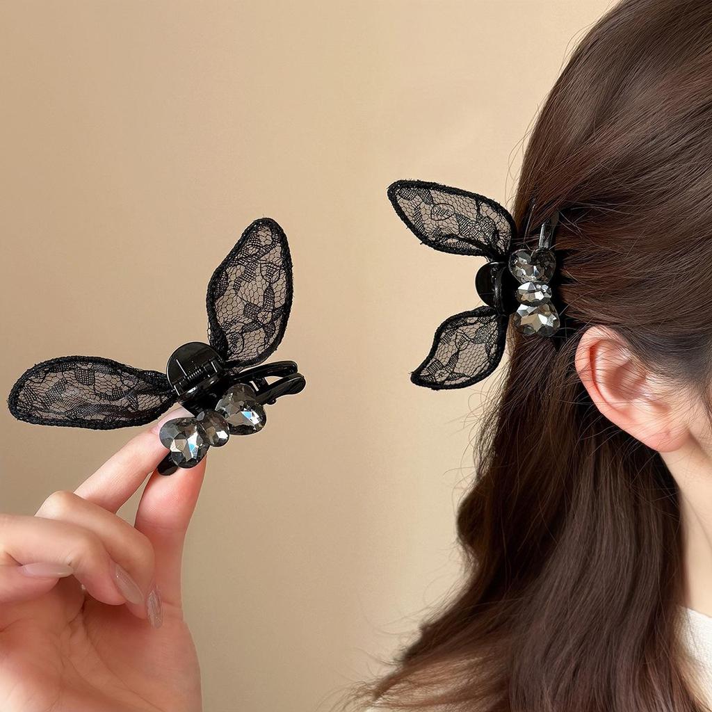 Elegant Black Lace Rhinestone Bunny Ear Bow Hair Clip - Small, Versatile, Korean Style