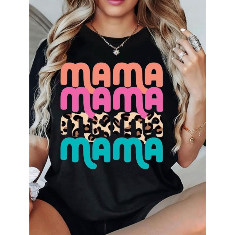 Women's Casual Short Sleeve Crew Neck T-Shirt - Bold "MAMA" Graphic Print with Leopard Accents, Black & Pink Lettering,