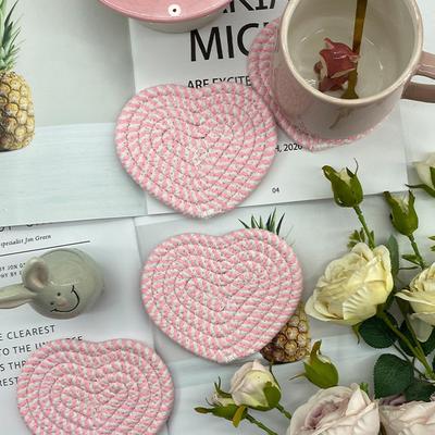 4pcs Hand-woven Heart-Shaped Coaster Anti-Slip Table Mat Handmade Cotton Linen Pot Pad Creative Home Decorative