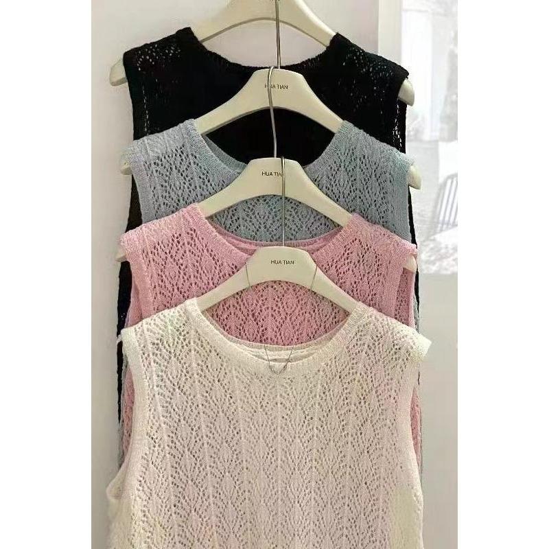 Fashion Knitted Cardigan Sleeveless Lace Dress Retro Hollow Out Sun Protection Women Cross Covers Up Summer Elegant Top Thin Korean Shirt Clothing
