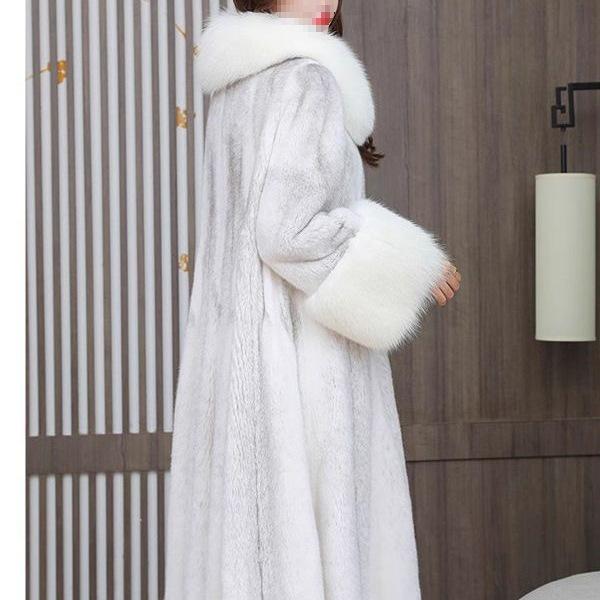 Women's Long Mink Coat with Fox Fur Collar - Casual and Warm Winter Fur Coat