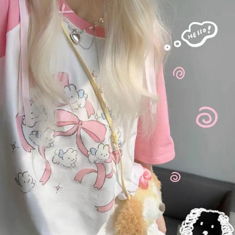 2KWEIRD Kawaii Rabbit Graphic Pink T Shirts Women Japanese Y2k Style Sweet Cartoon Tees Harajuku Cute Short Sleeve Tops