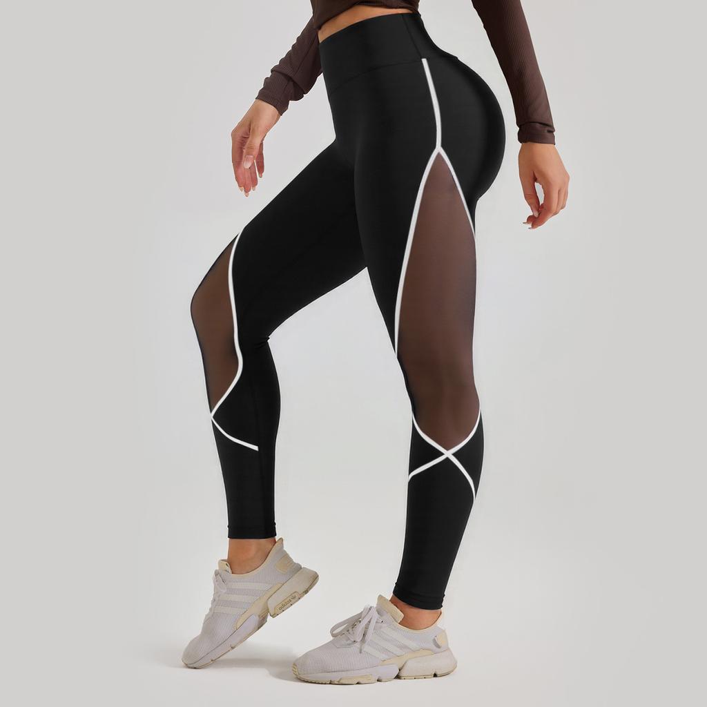 Women's Color Blocked Mesh Yoga Pants with European and American Splicing, High Waist and Hip Lifting Running Sports Pants