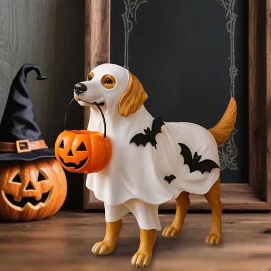 Halloween Ornament Dog Holding Pumpkin Bowl Ghost Statue Quirky Pet Figurine Indoor Outdoor Decoration