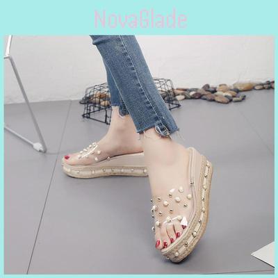 Luxurious Women Pearl High-heeled Sandals With Coarse Thick-soled Outdoor Design