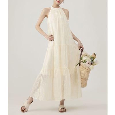 Flower Pattern Round Neck Suspenders Loose Long Skirt Dress Summer Dress Beach Vacation Casual Dresses