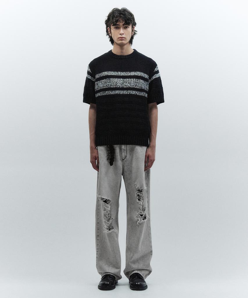 INSILENCE Striped Crew Neck Knit Black