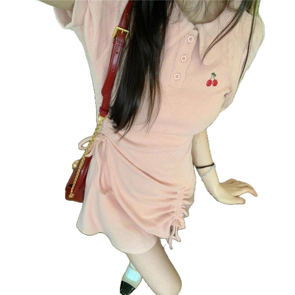 Cherry POLO lapel dress spring summer college milk sweet babes drawstring pleated waist small first love skirt