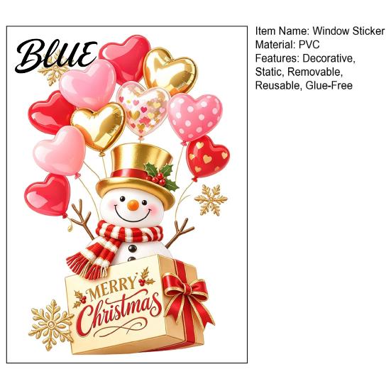 Christmas Atmosphere Decors Snowman Window Cling with Heart Shaped Balloon and Gift Box Design Removable Static Glass Sticker Home Decorations