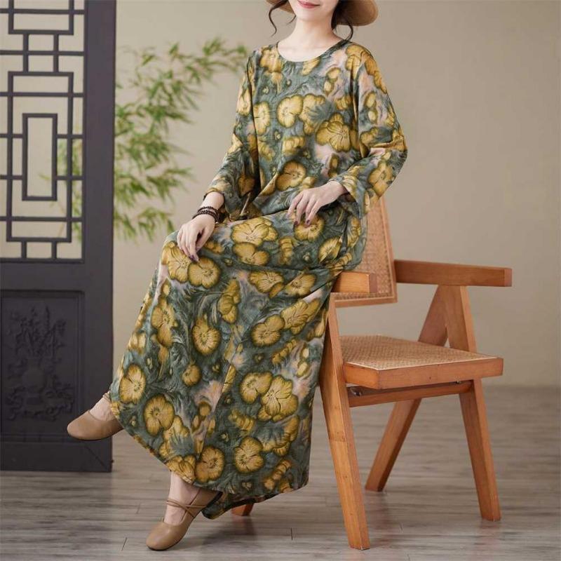 Loose Printed Round Neck Long Sleeve Dress Women's Long Dresses