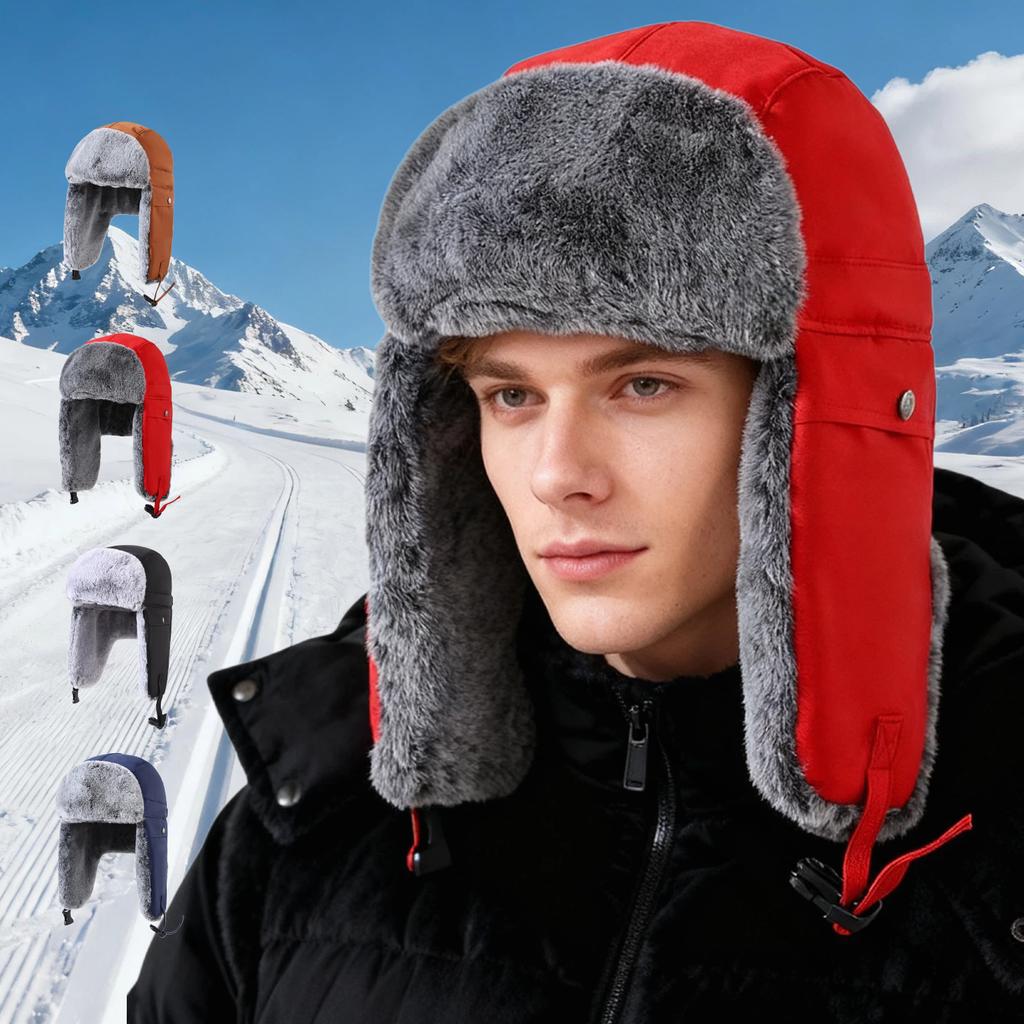 Cold Winter Casual Men Plush Lining Russian Ski Snowboarding Warm Hat with Earmuffs