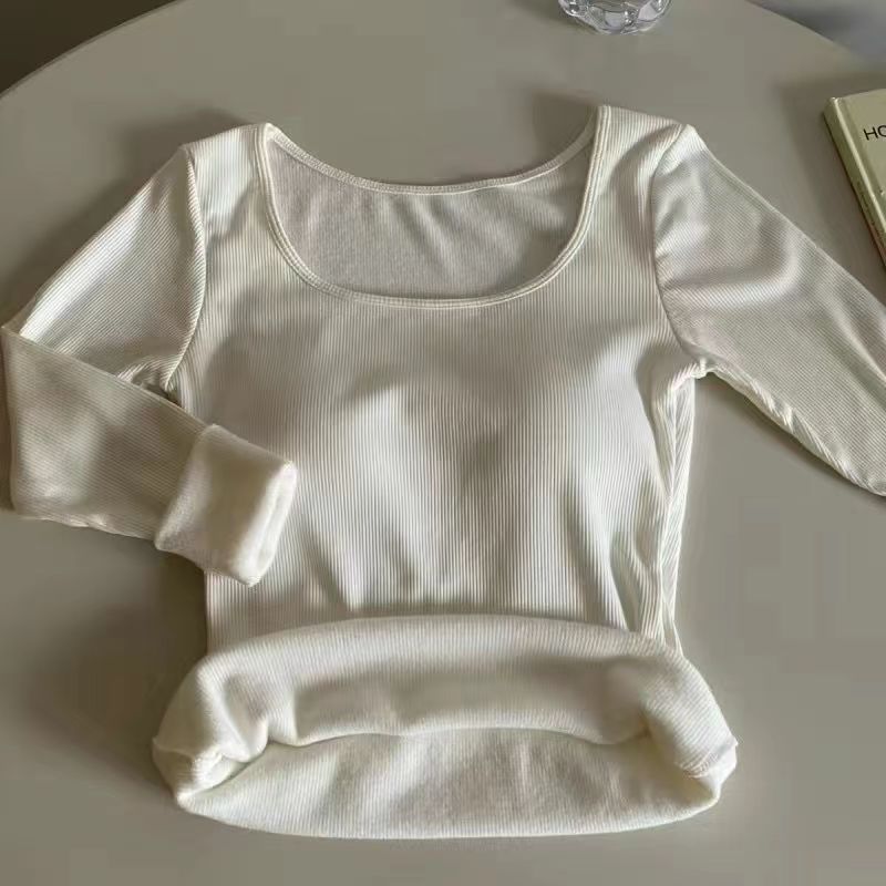 Warm Woolen Thickened Square Collar Collarbone Long Sleeve T-shirt Women's New Autumn and Winter Slimming Inside with A Base Shirt Top