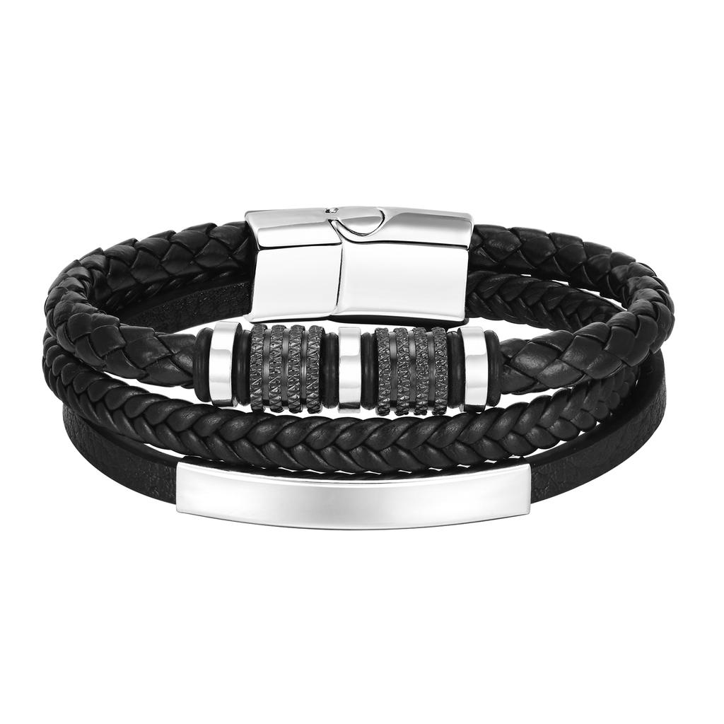 Custom Multi Layers Leather Bracelet for Men,Classic Metal Tube Handmade Braided Wristband,Gift for Husband Father Boyfriend