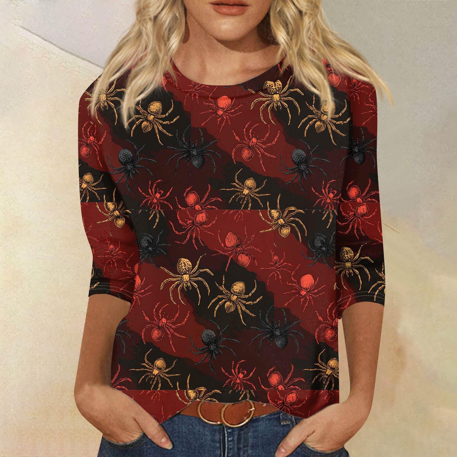 

Women s Fashionable Casual Three-Quarter Sleeve Halloween Print Round Neck Top L