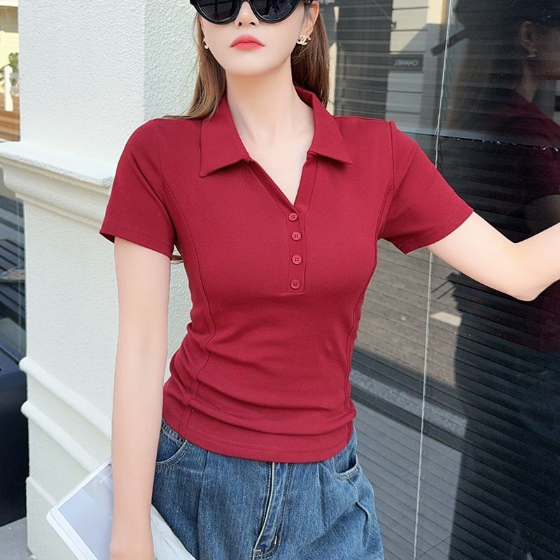 

Летняя женская футболка поло с коротким рукавом, облегающий модный топ, повседневная рабочая одежда 4XL винный