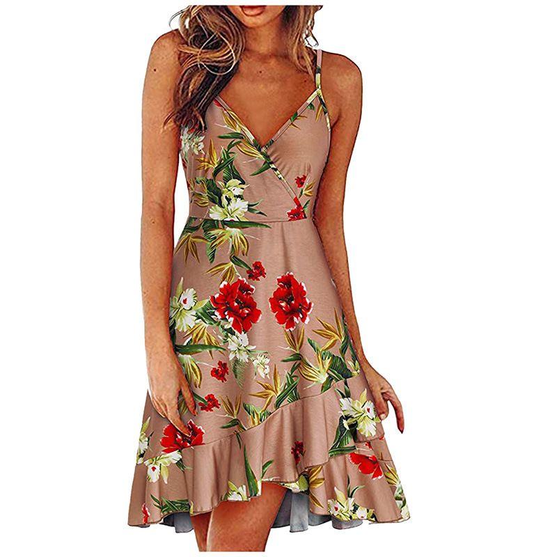 Swing Dress2025 Summer Women Clothes Sexy Fashion V-neck Sling Sleeveless Backless Print Swing Dress