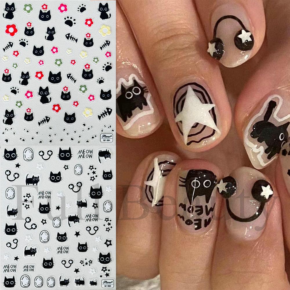 Nail Art Sticker, Micro-Engraved Three-Dimensional Cartoon Cute Cat Bow Flower Adhesive Nail Sticker