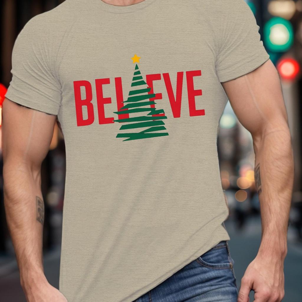 Believe Christmas Tree Graphic Mens Cotton TShirt Casual Short Sleeve Round Neck Tee