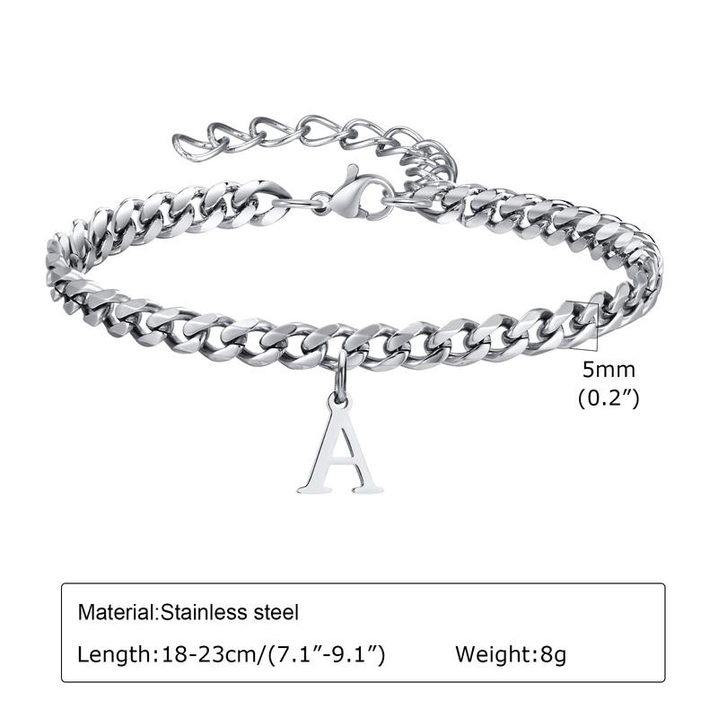 Mens Initials Cuban Links Bracelets,Stainless Steel A-Z 26 Letters Alphabet Charm Chain Wristband Adjustable,Casual Jewelry Gift
