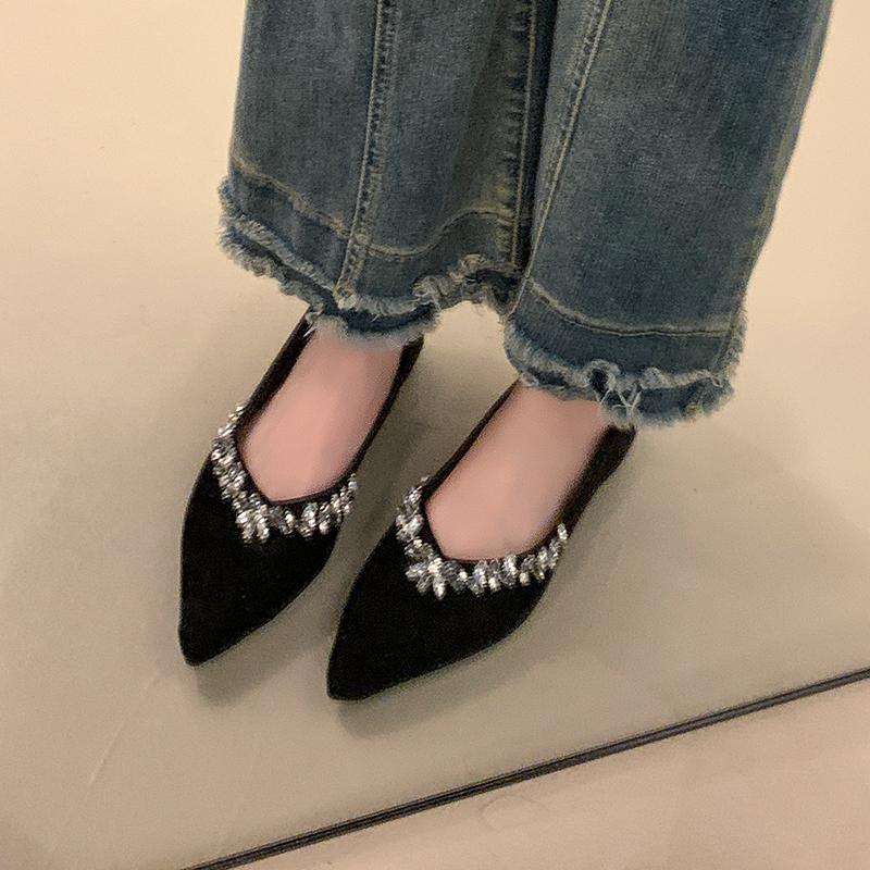 

Women s Casual Mary Jane Shoes 2025 Spring Autumn Fashion Crystal Pointed Toe Flat Shoes Comfort Soft Sole Wedding Party Shoes 35 чёрный